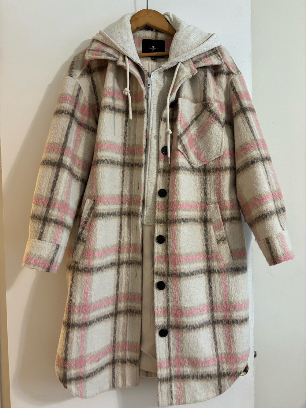 7 for All Mankind Plaid Wool-Blend Hooded Pea Coat in Cream and Pink